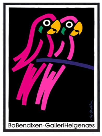 Bo Bendixen plakat med lyserøde papegøjer på en gren. Farverig, grafisk stil. Perfekt til kunstelskere.
