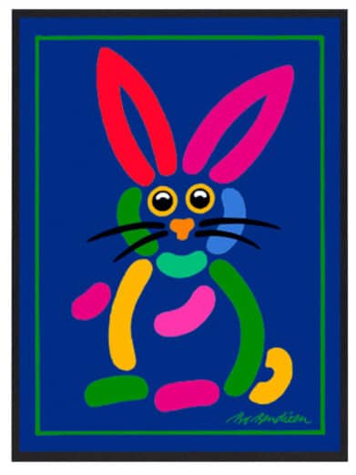 Bo Bendixen plakat med farverig hare på blå baggrund. En unik og dekorativ plakat.
