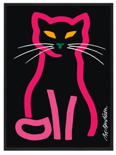 Bo Bendixen plakat rosa kat. Art print featuring a pink outline of a cat with yellow eyes on a black background.