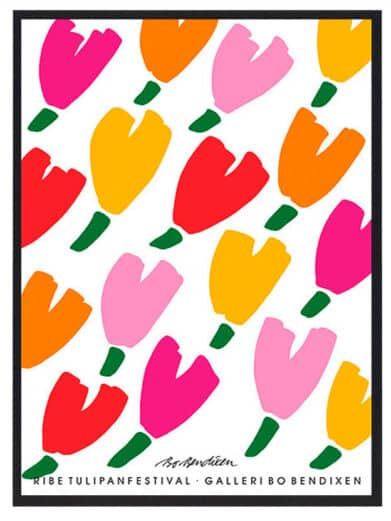 Bo Bendixen plakat af Ribe Tulipanfestival. Farverige tulipaner i pink, rød, orange og gul på hvid baggrund. Kunstnerisk og unikt design.