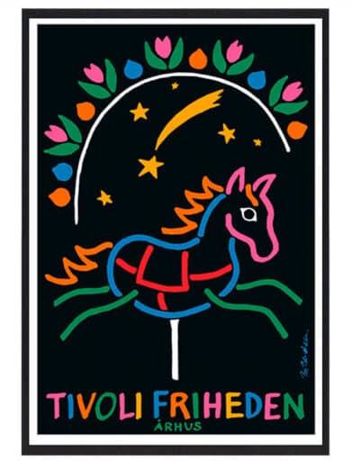 Bo Bendixen Tivoli Friheden plakat. Farverig, stiliseret karruselhest på sort baggrund med stjerner og blomster. En unik grafisk plakat.