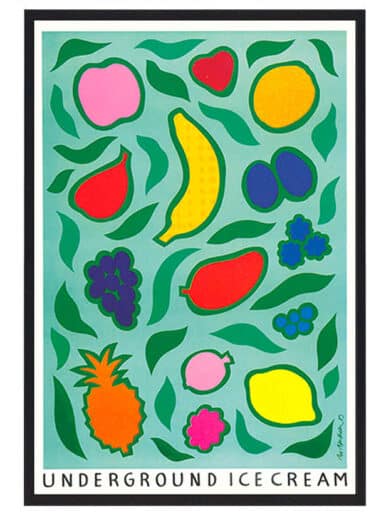 Bo Bendixen plakat: "Underground Ice Cream" med farverige frugter som banan, ananas og citron på en lyseblå baggrund med grønne blade.