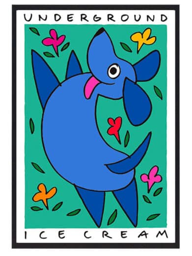 Bo Bendixen plakat: Underground Ice Cream. Grafisk kunst med blå figur, blomster og grøn baggrund. Farverig og unik.