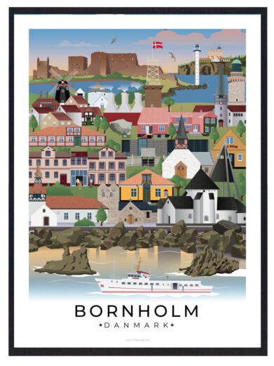 Bornholm byplakat med hvid kant