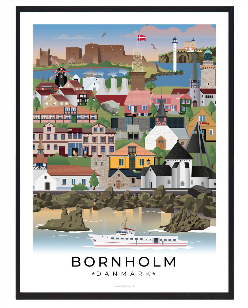 Bornholm byplakat med hvid kant