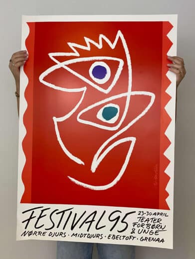 Bo Bendixen poster, featuring a red background and white abstract face design with purple and teal eyes. 'Festival 95' text at the bottom.
