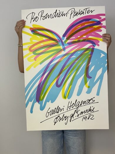 Bo Bendixen plakat med farverige streger i pink, gul og blå nuancer. Plakaten er fra 1982 og signeret.