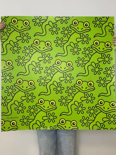 Bo Bendixen plakat med grøn baggrund og gentagne sorte frøer med gule øjne. Moderne kunsttryk.