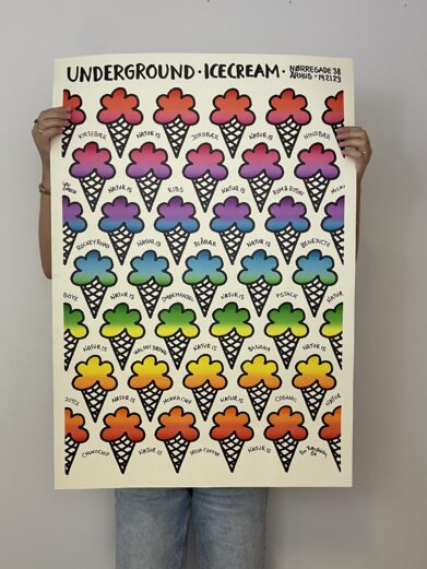 Bo Bendixen plakat: Farverig 'Underground Icecream' plakat med isvafler i regnbuens farver. Fra hans originale lager, begrænset antal.