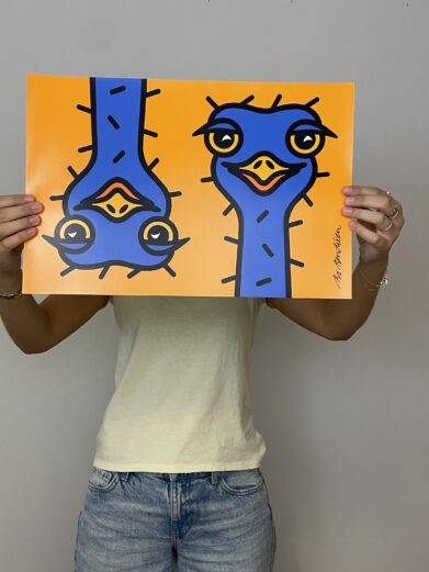 Bo Bendixen plakat med to blå fugle på orange baggrund. Enkelt, farverigt design. Perfekt kunst til hjemmet.