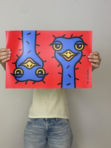 Bo Bendixen poster featuring two stylized blue birds with yellow beaks on a vibrant red background. Modern art print.