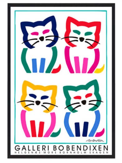 Bo Bendixen plakat med fire farverige katte. Kunstnerisk design i blå, rød, gul og grøn. Limited edition tryk.