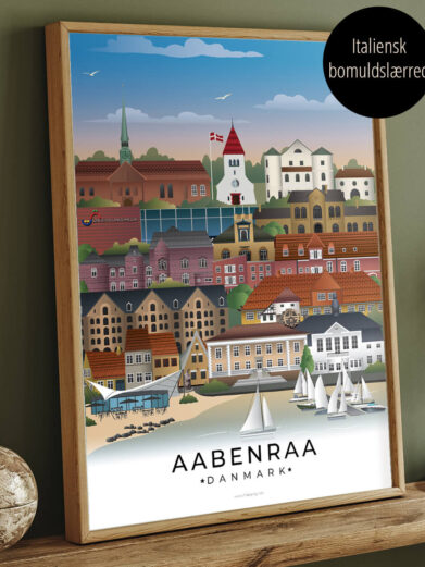 By plakat med Aabenraa i farver, der er indrammet og står på en træflade