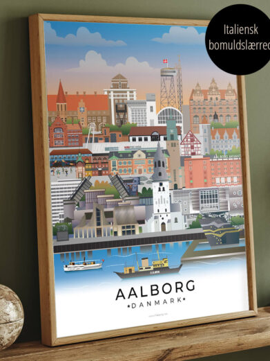 Aalborg by plakat i farvestrålende farver på lærredstryk i egeramme