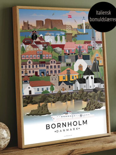 Bornholm plakat i farver trykt som lærredsbillede og indrammet i egeramme