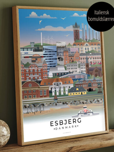 Esbjerg byplakat i farver på lærredstryk