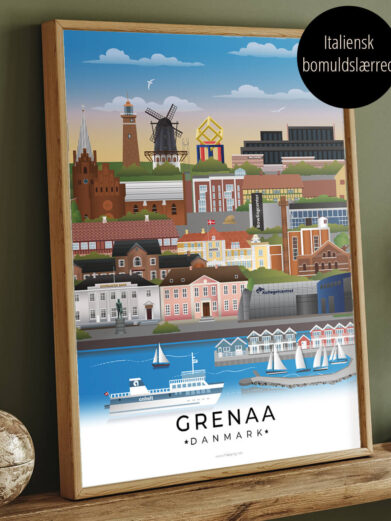 Grenaa by plakat i farver som lærredsbillede i egramme