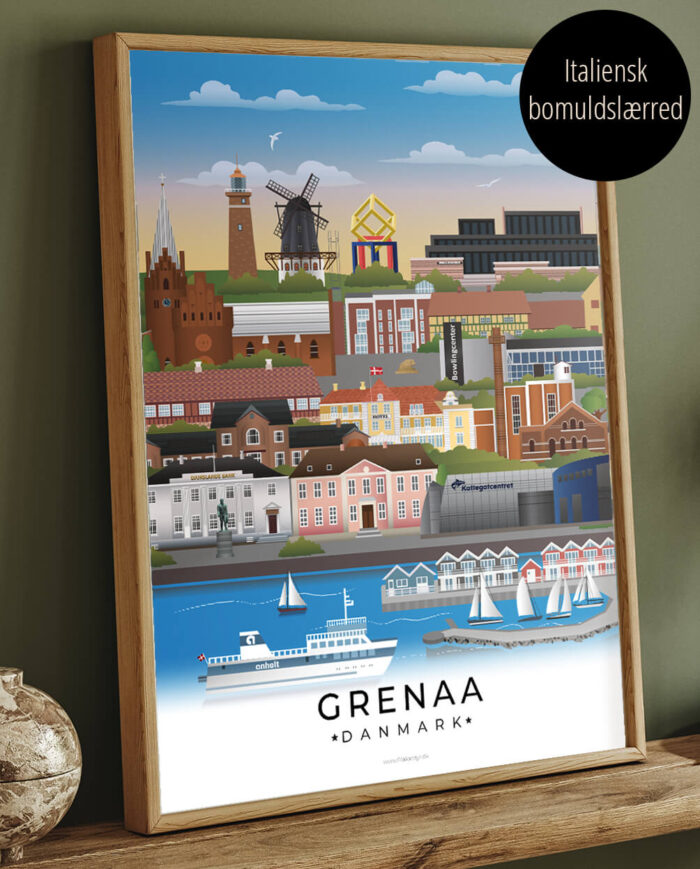 Grenaa by plakat i farver som lærredsbillede i egramme