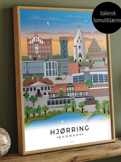 Hjørring by plakat i masser af farver som canvas billede i egeramme