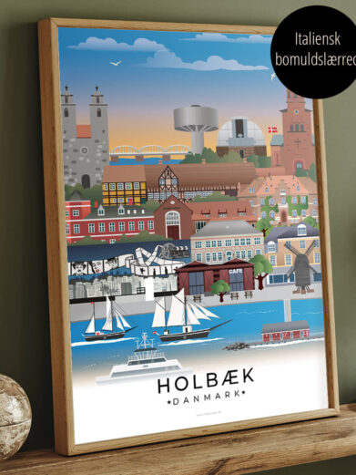 Holbæk by plakat i farver. Plakaten er et lærredstryk i egeramme