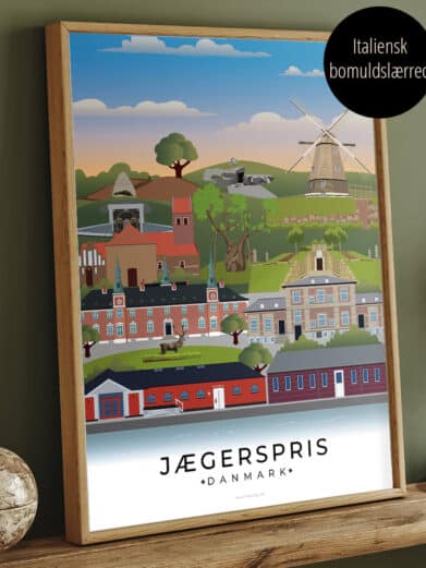 Lærredsprint Jægerspris by med levende farver og svæveramme. Eksklusivt kunstprint på italiensk bomuldslærred. Detaljeret byplakat.