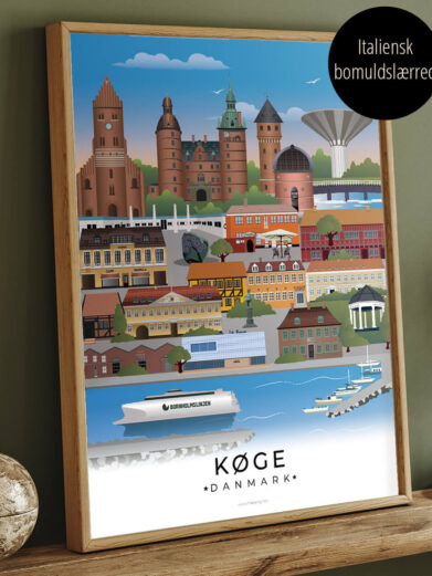 Køge by plakat i farver i egeramme. Selve billedet er lærredstryk