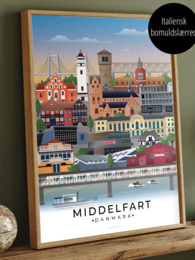 Lærredsprint Middelfart by. Farverig byplakat på italiensk bomuldslærred i træramme. Detaljeret kunstværk med Middelfarts vartegn.