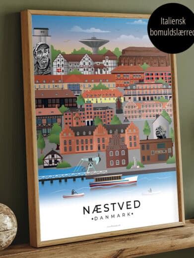Lærredsprint Næstved by. Detaljeret byplakat på italiensk bomuldslærred i svæveramme. Levende farver. Se Næstved på en ny måde!