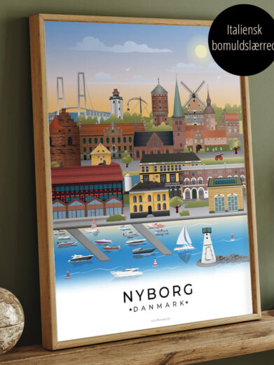 Canvasbillede med Nyborg i farver, der er indrammet i egeramme