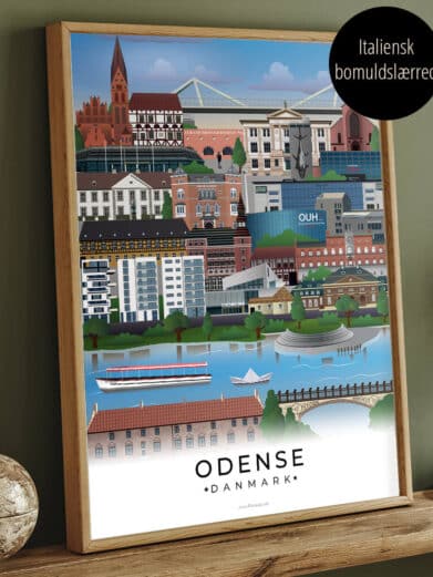 Lærredsprint Odense by. Flot byplakat med levende farver, indrammet i svæveramme. Eksklusivt kunstværk på italiensk bomuldslærred.