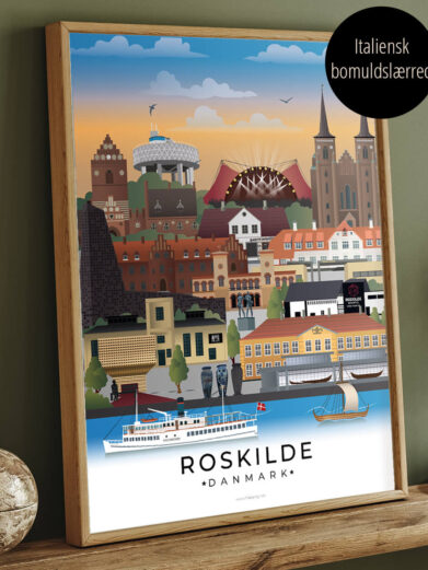 Byplakat i farver med Roskilde i egeramme