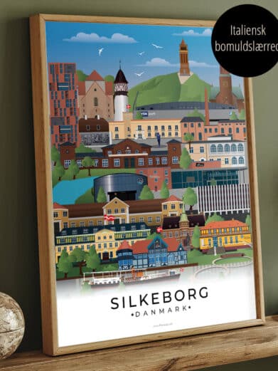 Lærredsprint Silkeborg by. Eksklusivt kunstprint på italiensk bomuldslærred med levende farver. Elegant svæveramme. Billede på lærred, byplakat.