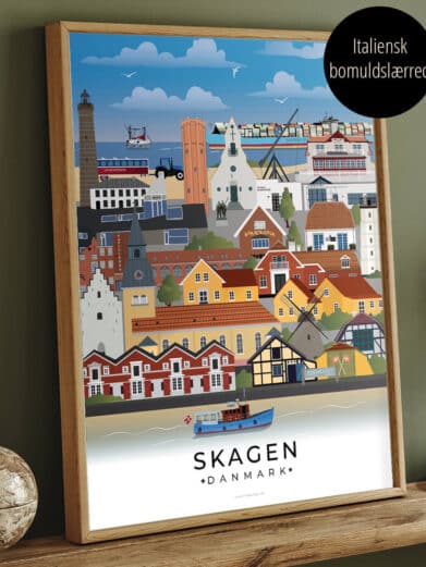 Lærredsprint Skagen byplakat. Flot billede på lærred med svæveramme. Eksklusivt kunstprint med livlige farver og skarpe detaljer.