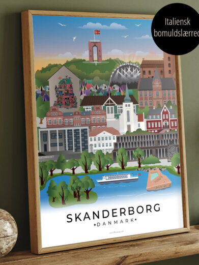 Byplakat med Skanderborg i farver. Lærredet er indrammet i egeramme