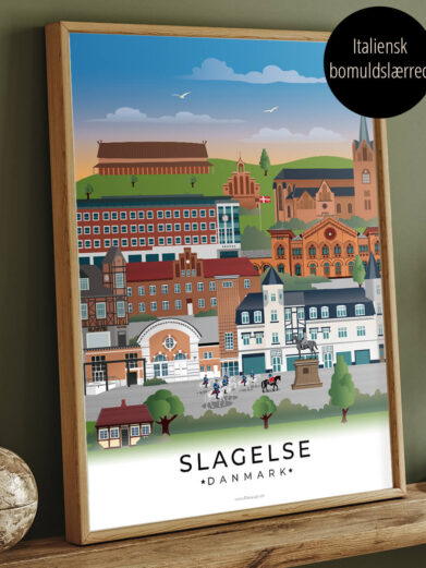 By plakat med Slagelse i farver. Plakaten er trykt på lærred og indrammet
