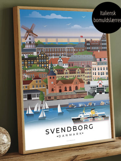 Byplakat med Svendborg i farver og printet på lærred