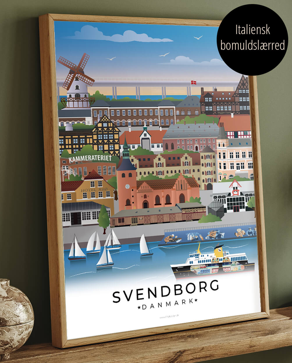 Byplakat med Svendborg i farver og printet på lærred