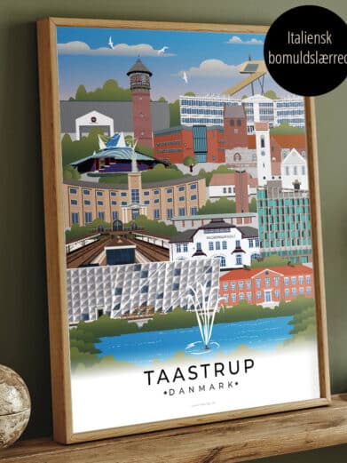 Flot lærredsprint af Taastrup by i levende farver og skarpe detaljer. Indrammet i en elegant svæveramme. Perfekt som byplakat.