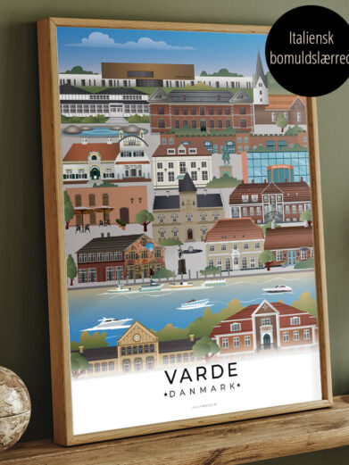 Farvestrålende Varde by plakat, som er trykt på canvaslærred