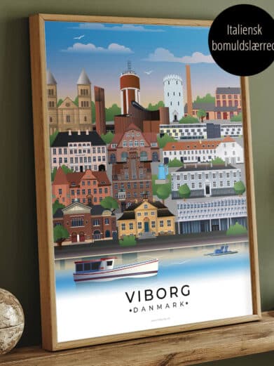 Lærredsprint Viborg by. Detaljeret byplakat i varme farver, indrammet i træ. Eksklusivt print på italiensk bomuldslærred.