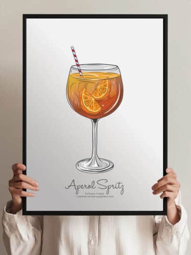 Dark n' Stormy drink plakat. Illustration af en cocktail med appelsinskiver og et rødt sugerør. Perfekt til boligindretning.