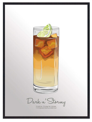 Dark n' Stormy drink plakat. Illustration af en cocktail med isterninger og lime i et højt glas. Perfekt til bar eller køkken.