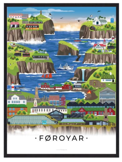 Færøerne plakat med hvid kant viser farverige bygninger, klipper og hav. Byplakat i illustrationstil. Perfekt til stuen!