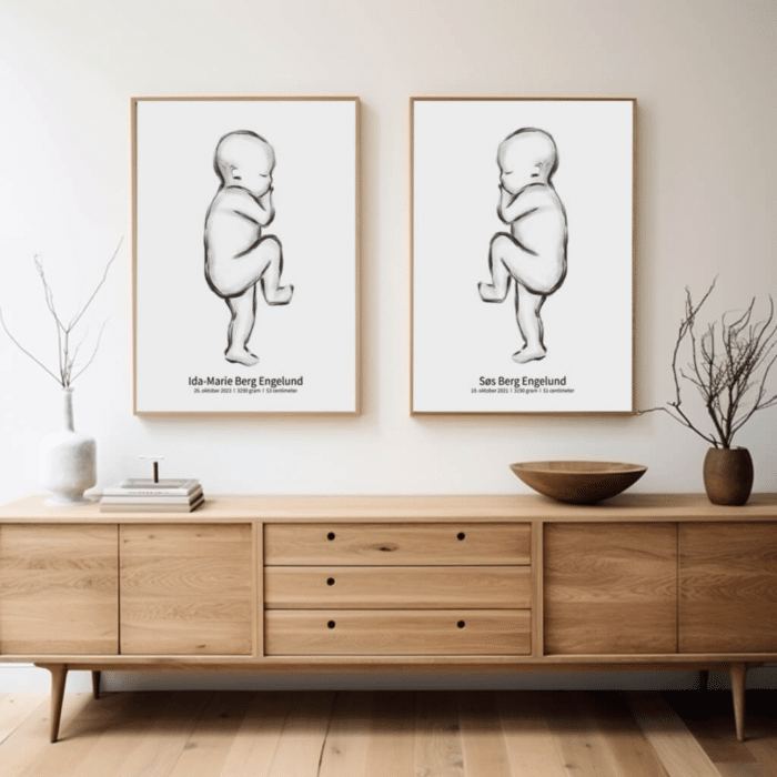 Fødselstavler: Skitse af babyer, personlig fødselssketch. Unik illustration til børneværelset. Elegant design. 700x700 px.