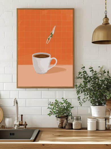 Kaffeplakat med kaffekop og person, der hopper i kaffen. Moderne kunst i dæmpede farver. Kaffekopper - kaffeplakat.