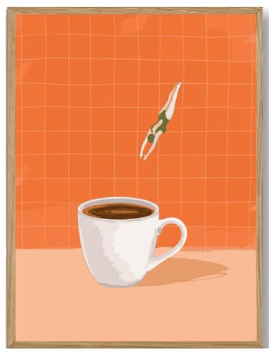 Kaffekopper - kaffeplakat. Illustration af en person, der hopper i en kaffekop. Moderne kunstplakat i orange og hvide farver.