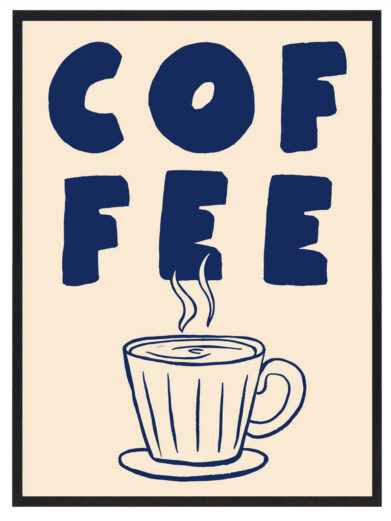 Kaffekopper plakat med 'COFFEE' i blå og en tegnet kaffekop. En stilfuld køkkenplakat.
