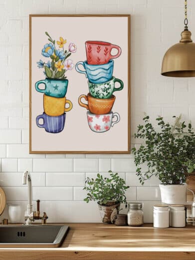 Kaffekopper plakat: Farverige kaffekopper stablet med blomster. En dekorativ kaffeplakat til køkkenet, nu på tilbud!