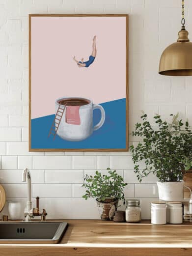 Kaffekopper - kaffeplakat viser en person, der hopper i en kaffekop med stige. Moderne kunst i dæmpede farver. Perfekt til køkkenet.