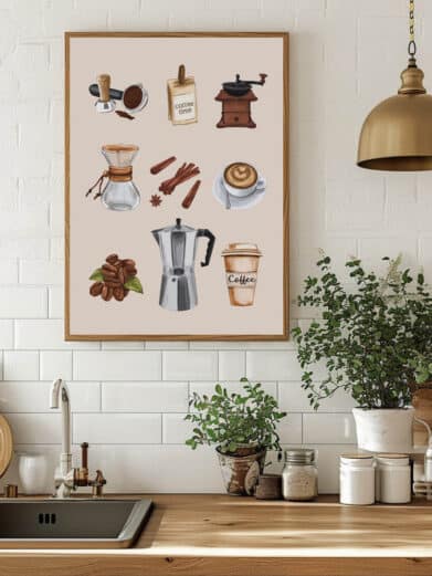 Kaffeplakat med illustrationer af kaffekopper og kaffeudstyr. Harmoniske farver, ideel til køkken. Fås på tilbud!